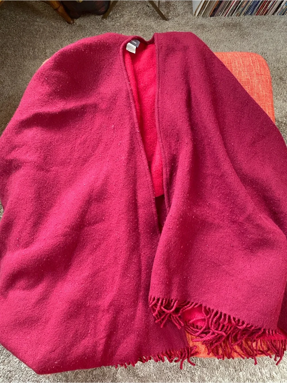 Neiman Marcus Red Burgundy Merino Wool Poncho Shawl Wrap